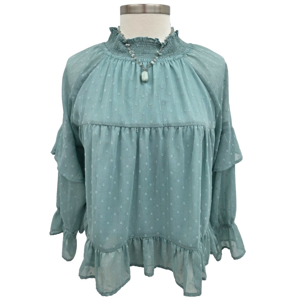 Womens M Teal Swiss Dot Boho Peasant Blouse Tiered Ruffle Flowy Cottagecore Top